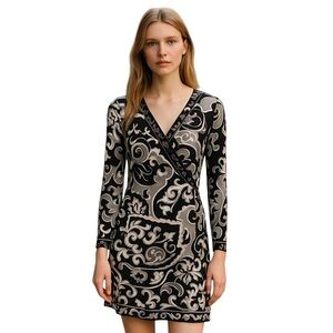 NWOT Hale Bob Grey Black Paisley Faux Wrap Beaded V Neck Bell Sleeve Dress - M‎